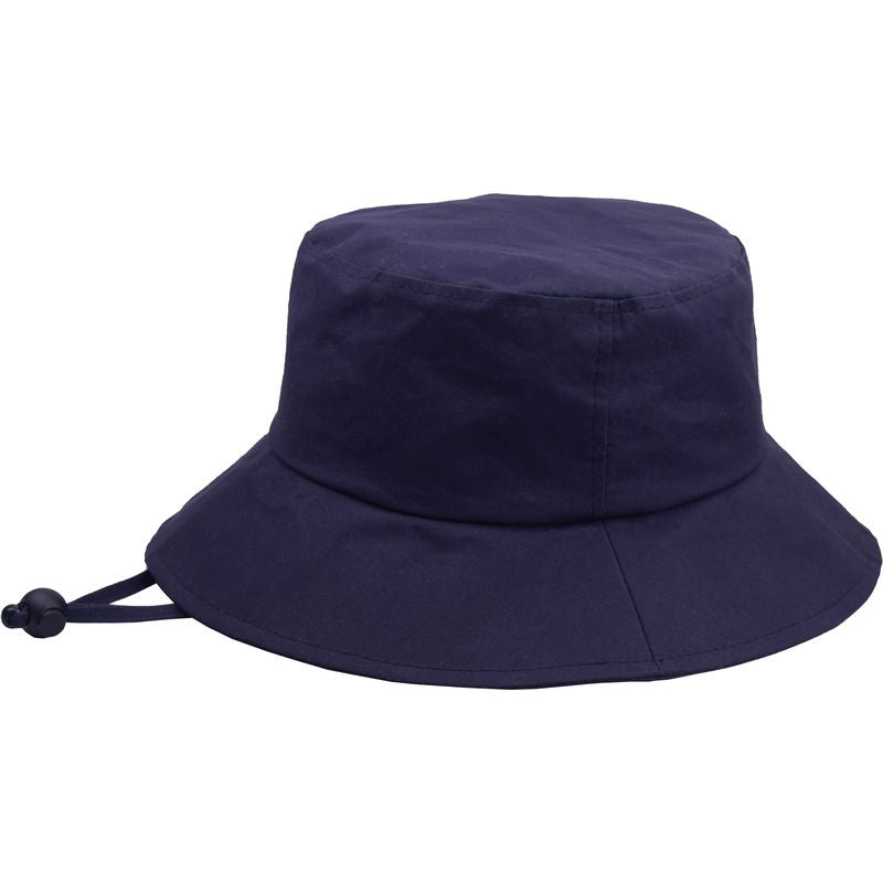 A dark navy blue oilskin rain bucket hat with a matching drawstring cord and bead toggle, shown from a side profile on a solid white background.