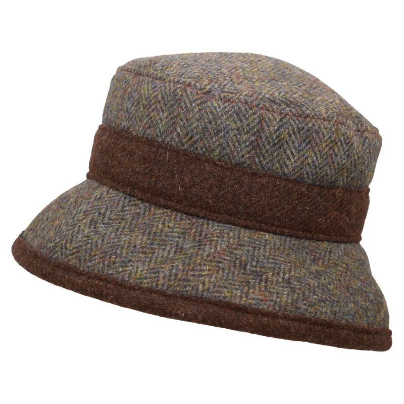 Harris Tweed Brimmed Derby Hat - Made in Canada by Puffin Gear-Chestnut Herringbone with Earth Heather Contrast Trim