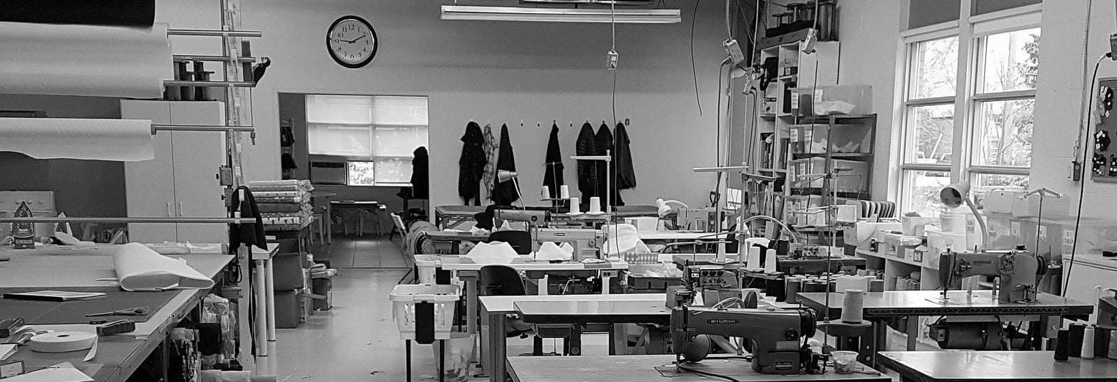 Puffin Gear Hat Studio - Sustainably Made in Toronto Canada for Over 25 Years - Sewing Machines, Cutting Table, Fabric Rolls - Slow Fashion-Who Made My Clothes-Sustainable Fashion-Buy Quality Not Quantity-Hats for Kids and Adults