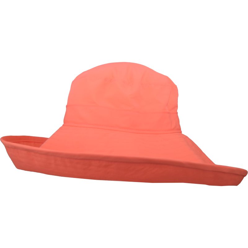 Ultra wide brim starlet hat with six inch brim-our widest brim for maximum coverage-quick dry, lightweight solar nylon-Made in Canada by puffin Gear-Rated UPF50 Sun Protection-Coral