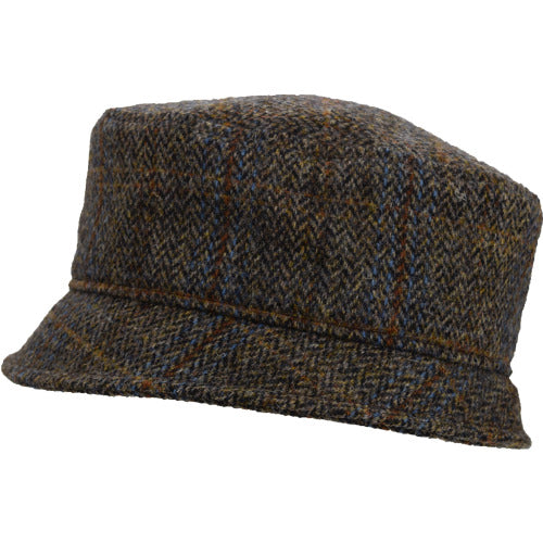 Harris tweed brimmed pillbox hat in brown herringbone plaid-made in canada by puffin gear