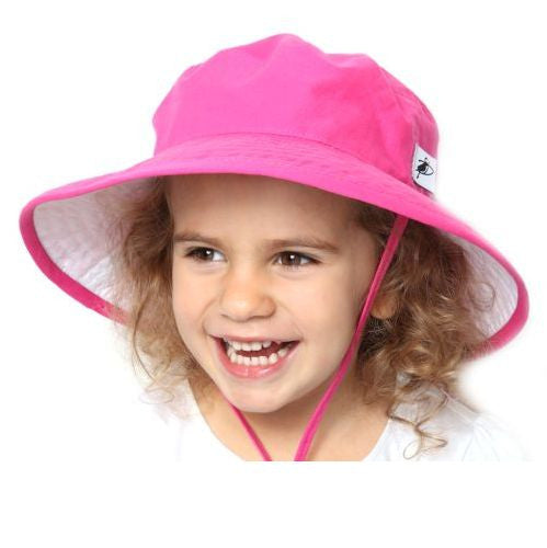 UPF 50+ Sun Protection-Puffin Gear Organic Cotton Wide Brim Child Sunbaby Hat with Chin Tie, Cord Lock and Safety Break Away Clip-Made in Canada-Azalea