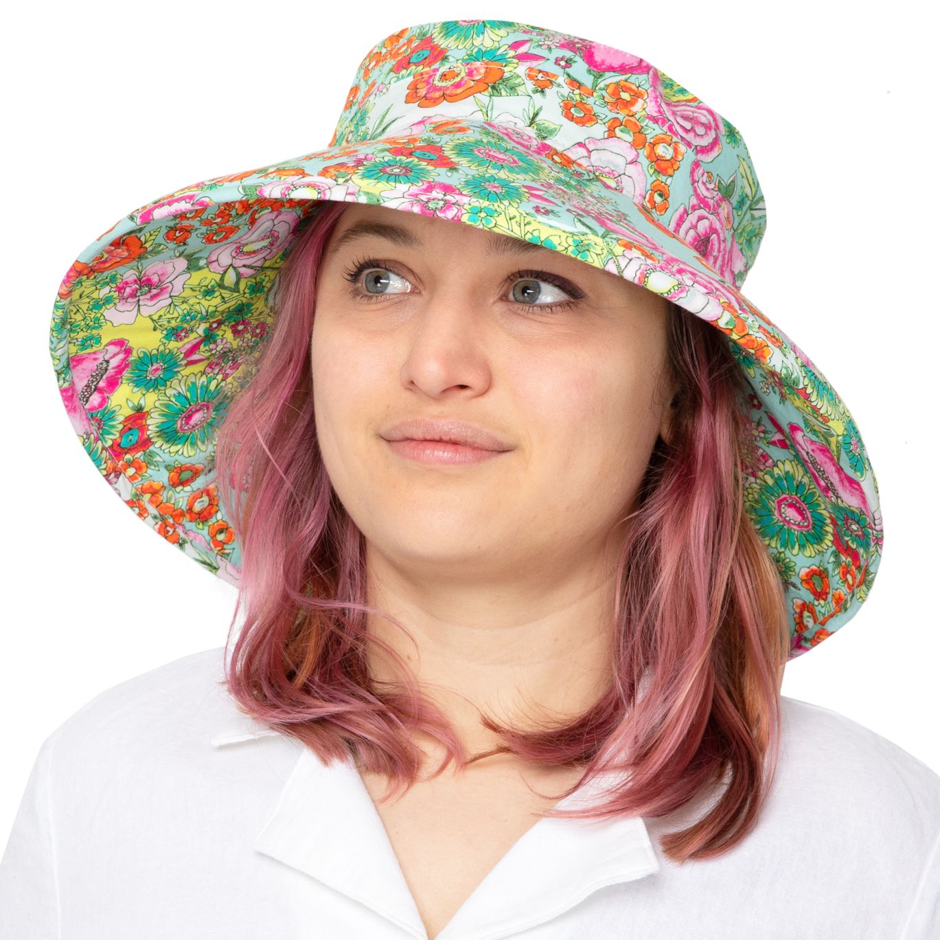 Wide Brim Sun Hat in Vibrant Cutting Garden Cotton Print-Made in Canada by Puffin Gear-UPF50 Sun Protection