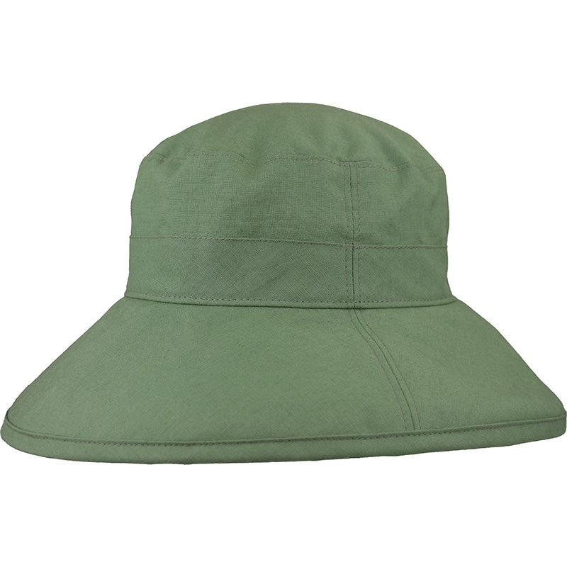 Leaf Green-Linen -Cotton Blend Wide Brim Garden Hat-Rugged Hat  Rated UPF50+ Sun Protection-Briim doesn&#39;t flop-packs flat for travel-Made in Canada by Puffin Gear