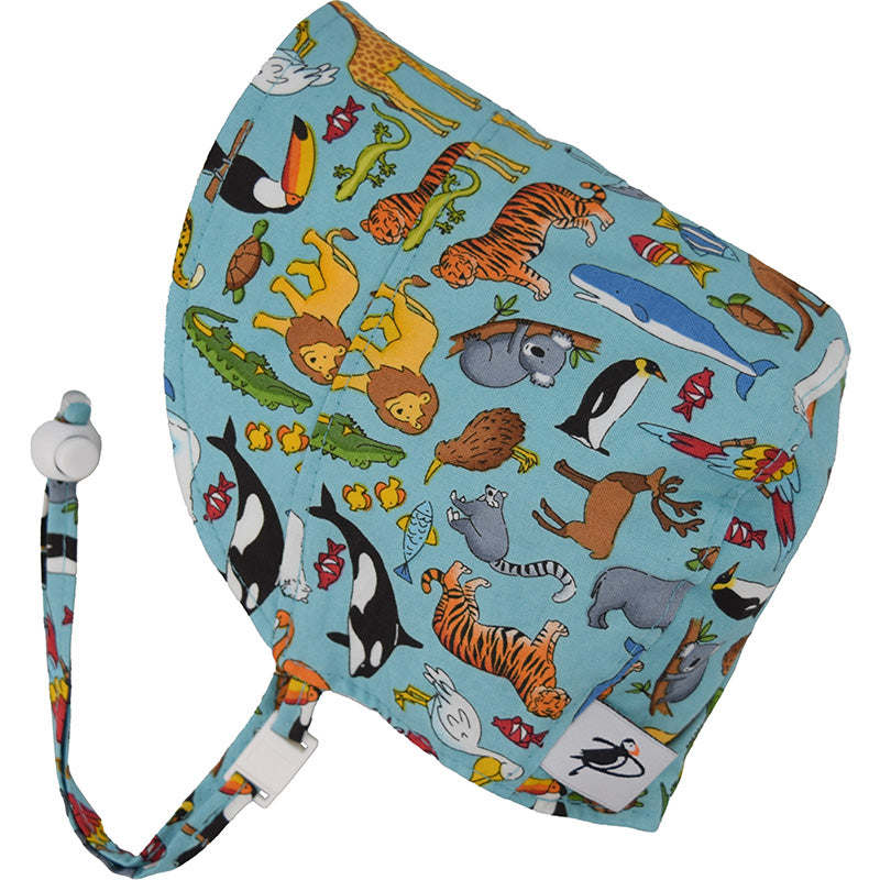 Puffin Gear Infant and Toddler Cotton Print Bonnet with Chin tie, Cord lock and Safety Break Away Clip-UPF50+ Sun Protection- Made in Canada-All the Animals