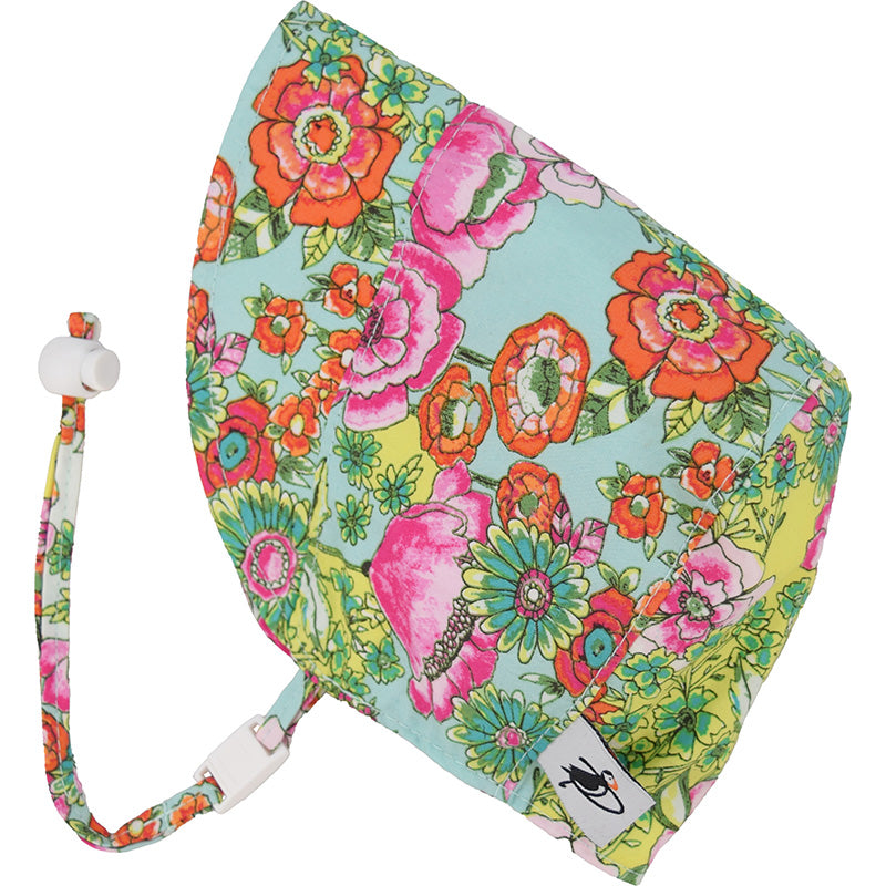 Puffin Gear Infant and Toddler Cotton Print Bonnet with Chin tie, Cord lock and Safety Break Away Clip-UPF50+ Sun Protection- Made in Canada-Pollinator Garden-Cutting Garden