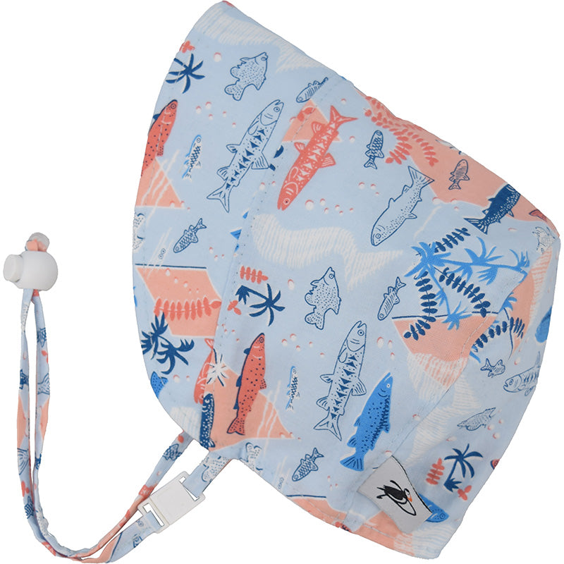 Puffin Gear Infant and Toddler Cotton Print Bonnet with Chin tie, Cord lock and Safety Break Away Clip-UPF50+ Sun Protection- Made in Canada-Snorkle-Blue
