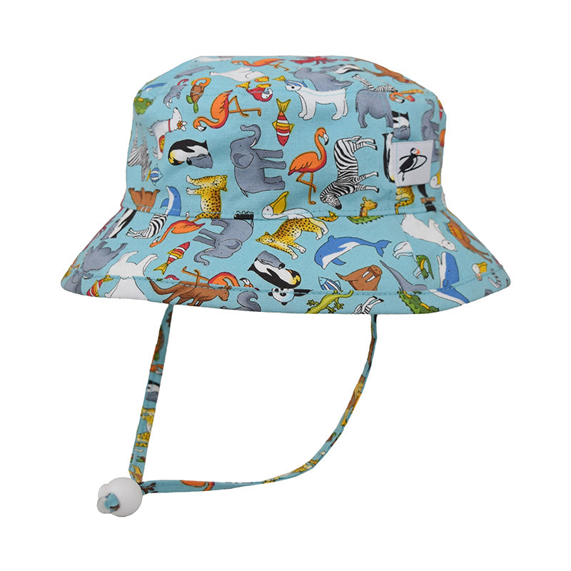 Puffin Gear Child and Toddler Sun Protection Camp Hat-UPF50-Made in Canada-Chin Tie with Cord Lock and Safety Break Away Clip Keep Hat Safely on Child&#39;s Head-Machine Washable-All the Animals Print