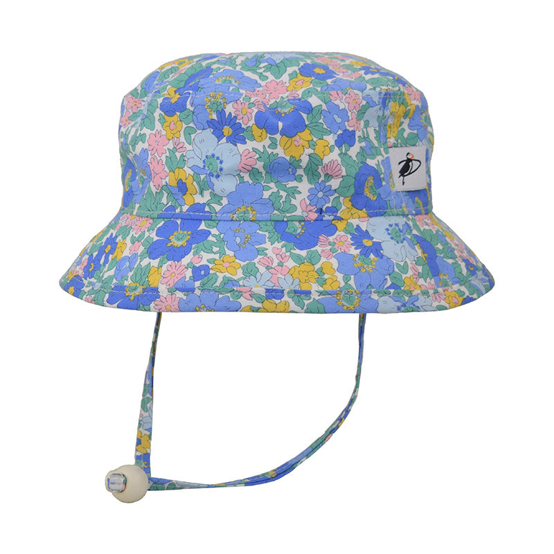 Puffin Gear Child and Toddler Sun Protection Camp Hat-UPF50-Chin Tie with Toggle and Safety Breakaway Clip Keep Hat safely in Place-Machine Washable-Made in Canada-Cotton Prints-Liberty of London-Cosmos