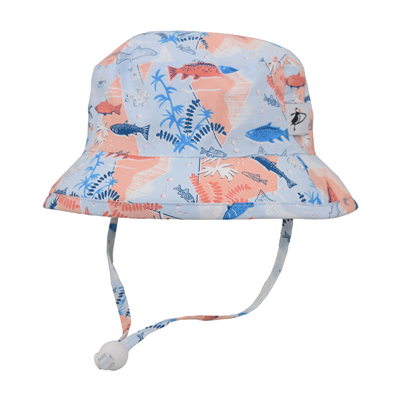 Puffin Gear Child and Toddler Sun Protection Camp Hat-UPF50-Made in Canada-Chin Tie with Cord Lock and Safety Break Away Clip Keep Hat Safely on Child&#39;s Head-Machine Washable-Vintage Hawaiian Coral Reef Snorkeling Print-Blue