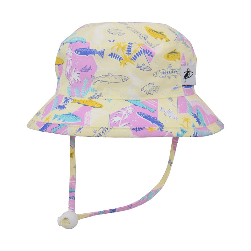 Puffin Gear Child and Toddler Sun Protection Camp Hat-UPF50-Made in Canada-Chin Tie with Cord Lock and Safety Break Away Clip Keep Hat Safely on Child&#39;s Head-Machine Washable-Vintage Hawaiian Coral Reef Snorkeling Print-Yellow