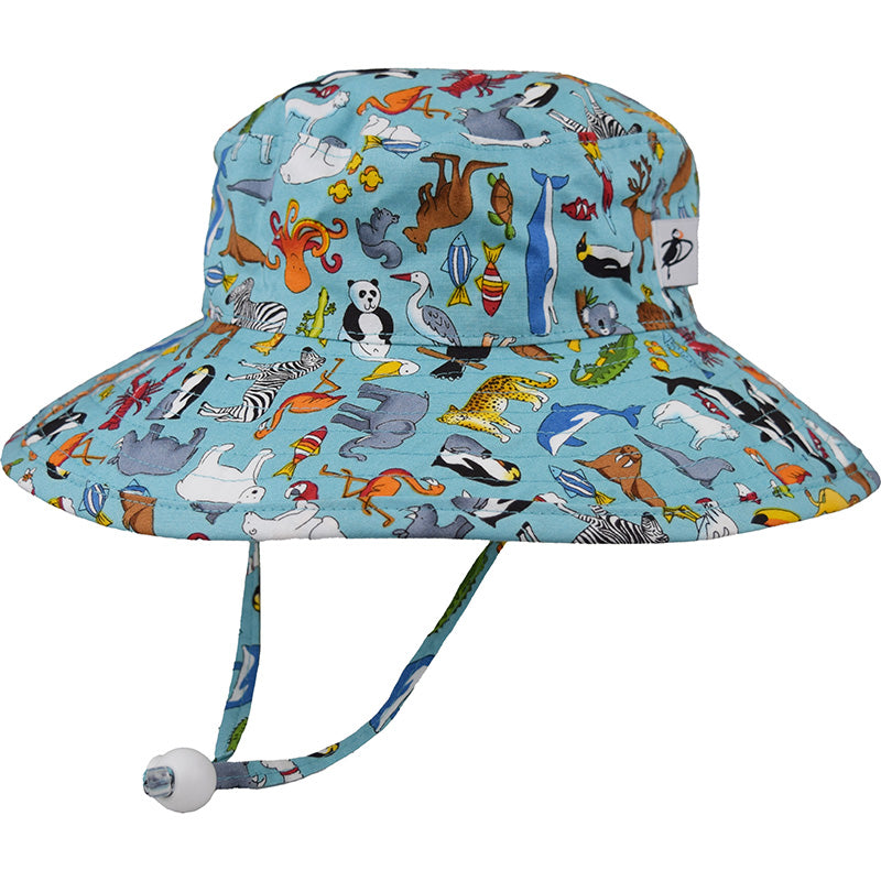 Kids Wide Brim Sunbaby Hat has a chin tie with cord lock and safety break away clip to keep hat safely in place. Tested and rated UPF50+ Excellent Sun Protection so your kid can play outdoors all day.  Made in Canada by Puffin Gear-Feeling Groovy Prints-All the Animals Cotton Print