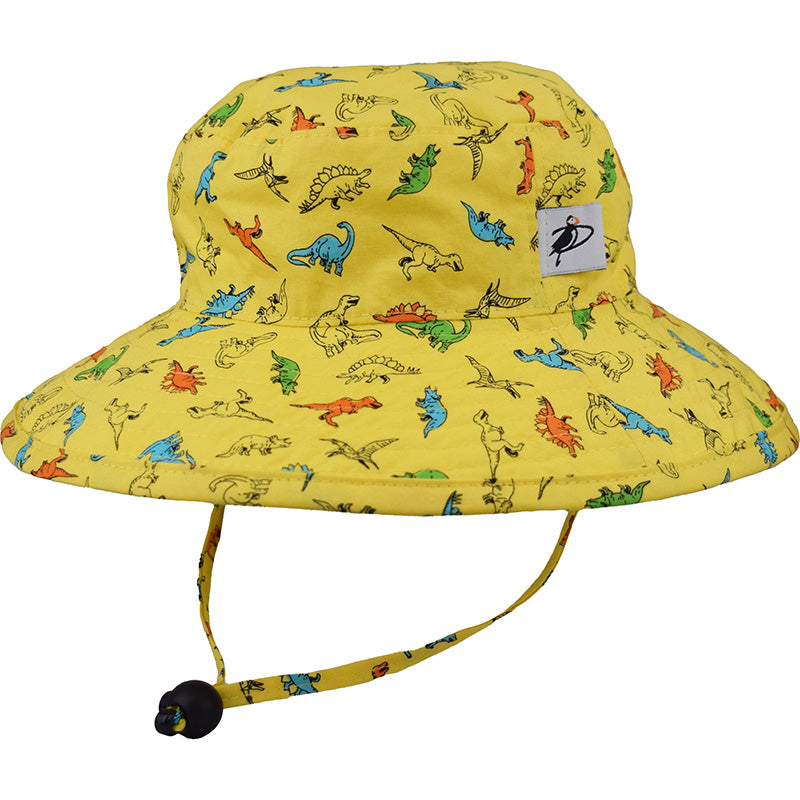 Kids Wide Brim Sunbaby Hat has a chin tie with cord lock and safety break away clip to keep hat safely in place. Tested and rated UPF50+ Excellent Sun Protection so your kid can play outdoors all day.  Made in Canada by Puffin Gear-Dinosaur Print