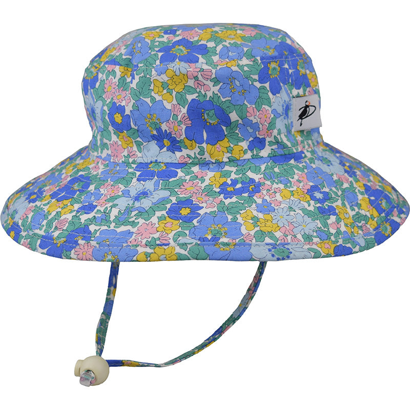 Kids Wide Brim Sunbaby Hat has a chin tie with cord lock and safety break away clip to keep hat safely in place. Tested and rated UPF50+ Excellent Sun Protection so your kid can play outdoors all day.  Made in Canada by Puffin Gear-Liberty of London Cotton Prints-Cosmos