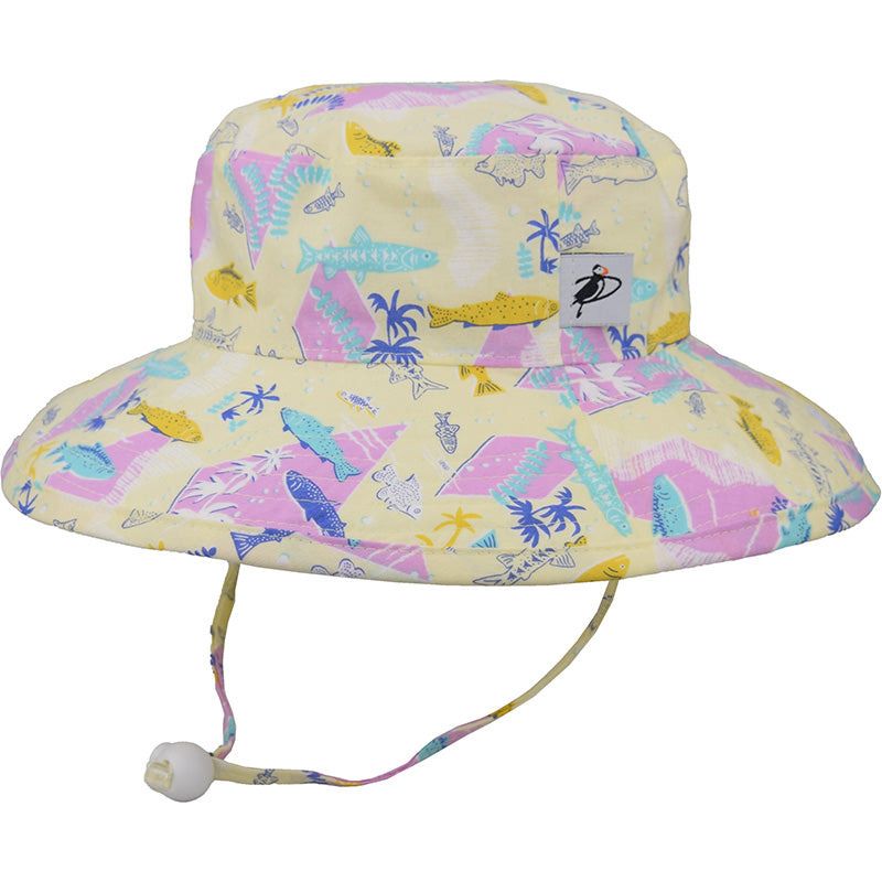 Kids Wide Brim Sunbaby Hat has a chin tie with cord lock and safety break away clip to keep hat safely in place. Tested and rated UPF50+ Excellent Sun Protection so your kid can play outdoors all day.  Made in Canada by Puffin Gear-Vintage Snorkel Print-Yellow