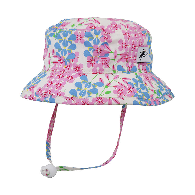 Organic Cotton Kids Camp Hat provides UPF50+ Excellent Sun Protection-Blocks at least 98% harmful UVA and UVB broad spectrum radiation.-Made in Canada-Chin Tie with Cord Lock and Safety Break Away clip-Stylized Lupines and Phlox Print by Charlie Harper