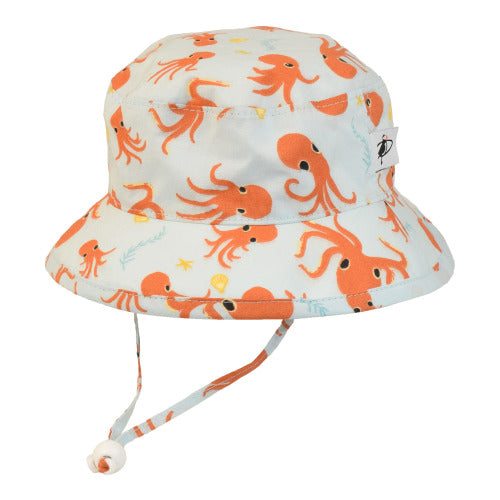 Organic Cotton Kids Camp Hat provides UPF50+ Excellent Sun Protection-Blocks at least 98% harmful UVA and UVB broad spectrum radiation.-Made in Canada-Chin Tie with Cord Lock and Safety Break Away clip-Octopus Print