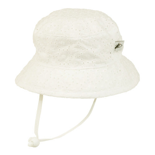 Puffin Gear Child and Toddler Sun Protection Camp Hat-UPF50-Chin Tie with Toggle and Safety Breakaway Clip Keep Hat safely in Place-Machine Washable-Made in Canada-Cotton Prints-Ivory Eyelet Lace