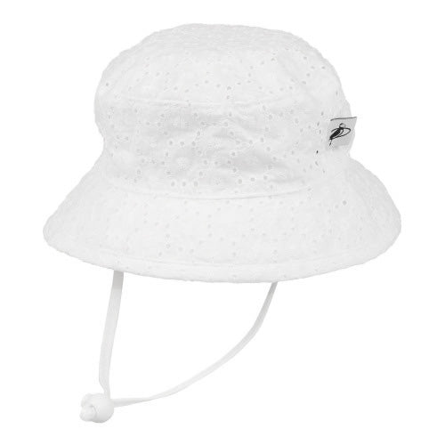 Puffin Gear Child and Toddler Sun Protection Camp Hat-UPF50-Chin Tie with Toggle and Safety Breakaway Clip Keep Hat safely in Place-Machine Washable-Made in Canada-Cotton Prints-White Eyelet Lace