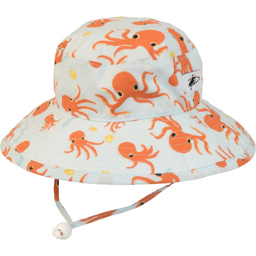 Puffin Gear Organic Cotton Wide Brim Sunbaby Hat-UPF50+ Sun Protection-Chin Tie with Toggle and Safety Break Away Clip-Machine Washable-Beautiful Prints-Brims Don&#39;t Flop-Made in Canada-Octopus