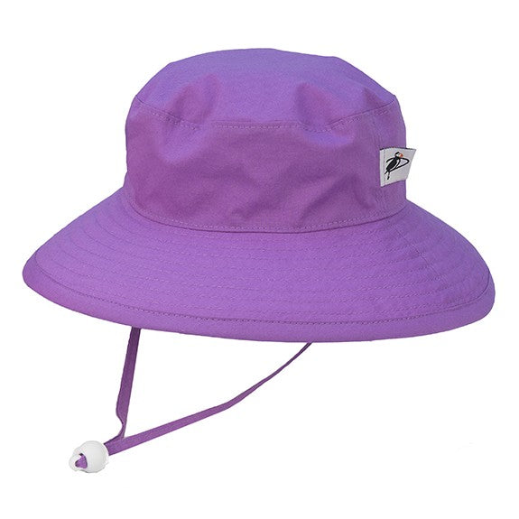 UPF 50+ Sun Protection-Puffin Gear Organic Cotton Wide Brim Child Sunbaby Hat with Chin Tie, Cord Lock and Safety Break Away Clip-Made in Canada-Purple