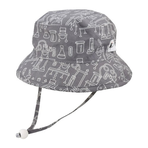 kids sun hat with chin tie in science lab cotton print-made in canada