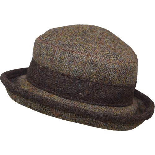 Harris Tweed Brimmed Derby Hat - Made in Canada by Puffin Gear-Chestnut Herringbone with Earth Heather Contrast Trim