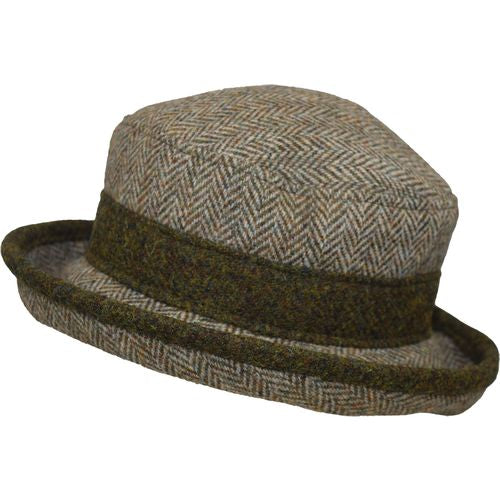 Harris Tweed Brimmed Derby Hat - Made in Canada by Puffin Gear-Lichen herringbone with Moss Heather Tweed Contrast Trim