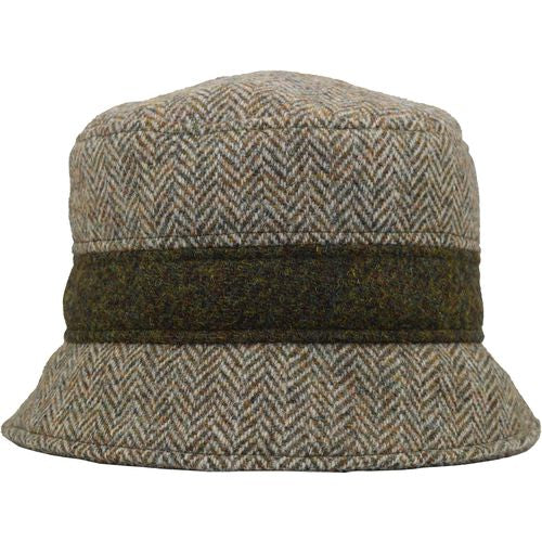 Harris Tweed Bucket Hat-Made in Canada by Puffin Gear-Lichen Herringbone with Moss Heather Tweed Contrast Trim