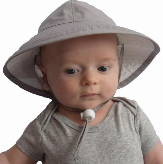 Puffin Gear Infant Organic Cotton Sunbeam Hat with Chin Tie, Cord Lock and Savety Breakaway Clip-Rated UPF50+ Sun Protection-Made in Canada-Grey
