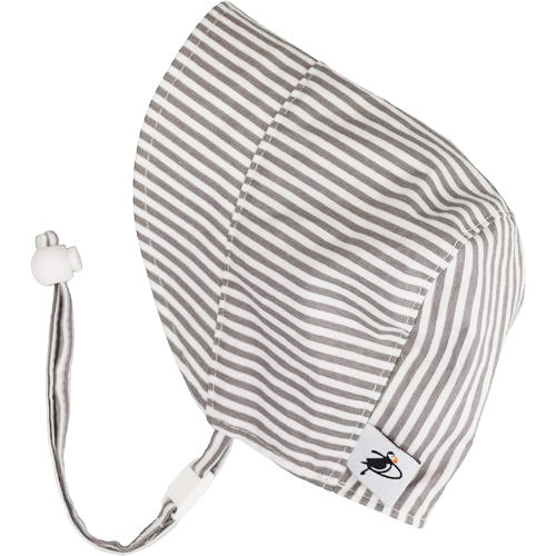 Puffin Gear Infant and Toddler Cotton Print Bonnet with Chin tie, Cord lock and Safety Break Away Clip-UPF50+ Sun Protection- Made in Canada-Grey Stripe