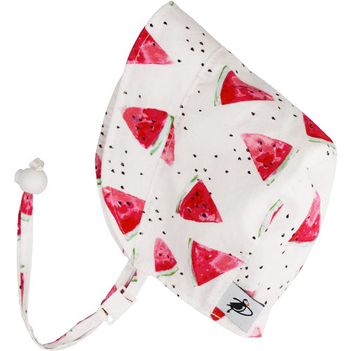 Puffin Gear Infant and Toddler Cotton Print Bonnet with Chin tie, Cord lock and Safety Break Away Clip-UPF50+ Sun Protection- Made in Canada-Watermelon