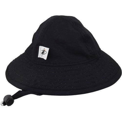 Puffin Gear Infant Organic Cotton Sunbeam Hat with Chin Tie, Cord Lock and Savety Breakaway Clip-Rated UPF50+ Sun Protection-Made in Canada-Black
