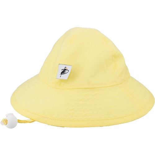 Puffin Gear Infant Organic Cotton Sunbeam Hat with Chin Tie, Cord Lock and Savety Breakaway Clip-Rated UPF50+ Sun Protection-Made in Canada-Buttercup