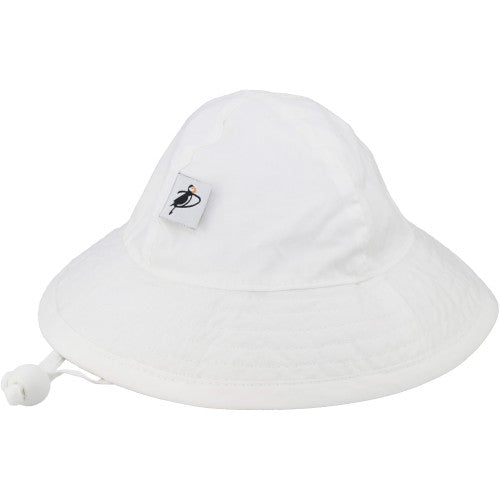 Puffin Gear Infant Organic Cotton Sunbeam Hat with Chin Tie, Cord Lock and Savety Breakaway Clip-Rated UPF50+ Sun Protection-Made in Canada-White
