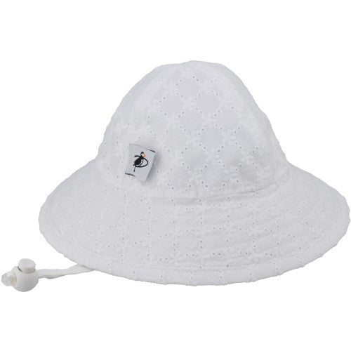 Puffin Gear Infant Sunbeam Brimmed Hat with Chin Tie and Toggle-UPF50 Sun Protection-Made in Canada by Puffin Gear-White Eyelet Lace