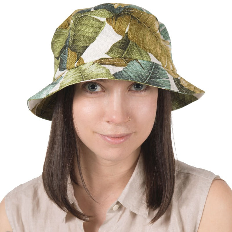 Puffin Gear Barkcloth Vintage Palm Print Bucket Hat - Linen-UPF50 Sun Protection - Made in Canada