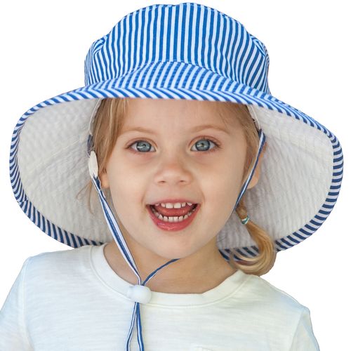 Kids Wide Brim Sunbaby Hat has a chin tie with cord lock and safety break away clip to keep hat safely in place. Tested and rated UPF50+ Excellent Sun Protection so your kid can play outdoors all day.  Made in Canada by Puffin Gear-Cotton  Print-Blue Stripe