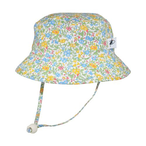 Puffin Gear Child and Toddler Sun Protection Camp Hat-UPF50-Chin Tie with Toggle and Safety Breakaway Clip Keep Hat safely in Place-Machine Washable-Made in Canada-Cotton Prints-Liberty of London-Flower Show-Blue