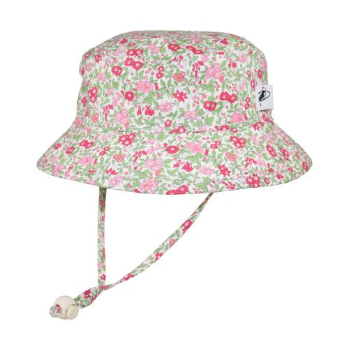 Puffin Gear Child and Toddler Sun Protection Camp Hat-UPF50-Chin Tie with Toggle and Safety Breakaway Clip Keep Hat safely in Place-Machine Washable-Made in Canada-Cotton Prints-Liberty of London-Flower Show Pink