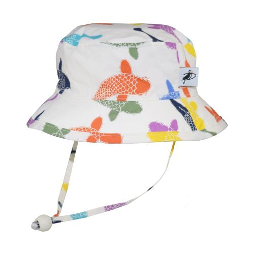 Organic Cotton Kids Camp Hat provides UPF50+ Excellent Sun Protection-Blocks at least 98% harmful UVA and UVB broad spectrum radiation.-Made in Canada-Chin Tie with Cord Lock and Safety Break Away clip-Brightly coloured Koi print.