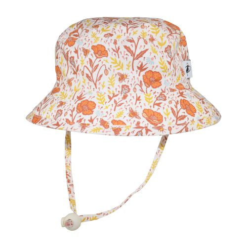 Organic Cotton Kids Camp Hat provides UPF50+ Excellent Sun Protection-Blocks at least 98% harmful UVA and UVB broad spectrum radiation.-Made in Canada-Chin Tie with Cord Lock and Safety Break Away clip-Pollinator Garden Print