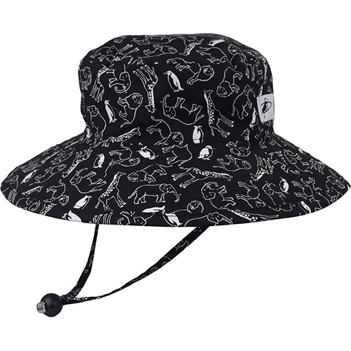 Kids Wide Brim Sunbaby Hat has a chin tie with cord lock and safety break away clip to keep hat safely in place. Tested and rated UPF50+ Excellent Sun Protection so your kid can play outdoors all day.  Made in Canada by Puffin Gear-Wild Animal Kingdom