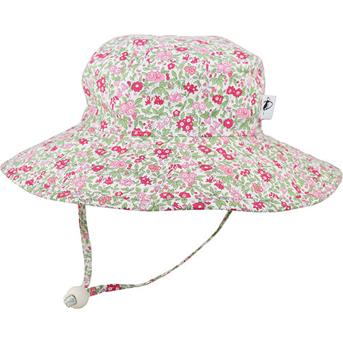 Kids Wide Brim Sunbaby Hat has a chin tie with cord lock and safety break away clip to keep hat safely in place. Tested and rated UPF50+ Excellent Sun Protection so your kid can play outdoors all day.  Made in Canada by Puffin Gear-Liberty of London Cotton Prints-Flower Show Pink