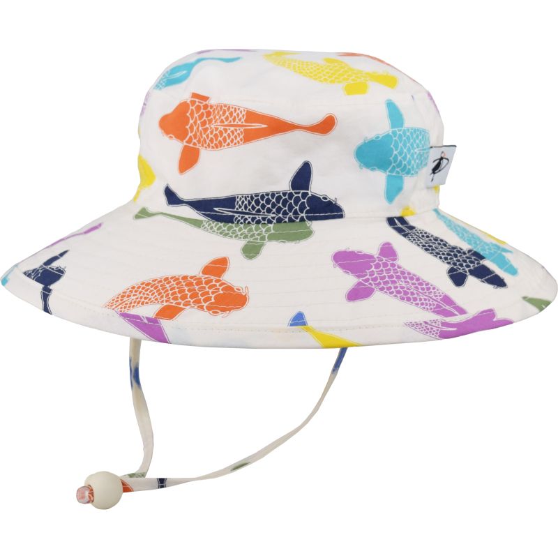 Puffin Gear Organic Cotton Wide Brim Sunbaby Hat-UPF50+ Sun Protection-Chin Tie with Toggle and Safety Break Away Clip-Machine Washable-Beautiful Prints-Brims Don&#39;t Flop-Made in Canada-Koi