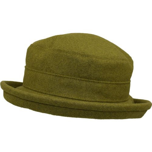 Puffin Gear Melton Wool Bowler Hat - Made in Canada-Three inch wide brim for winter sun protection. brim rolls up or down-water resistant-warm-ladies  hat-Olive