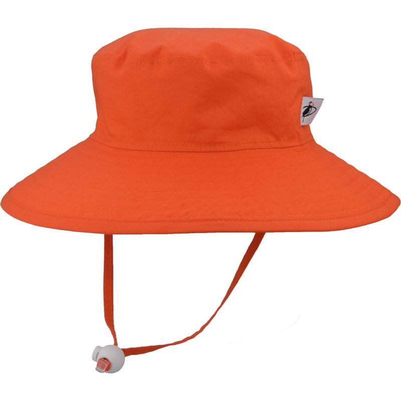 UPF 50+ Sun Protection-Puffin Gear Organic Cotton Wide Brim Child Sunbaby Hat with Chin Tie, Cord Lock and Safety Break Away Clip-Made in Canada-Orange Peel