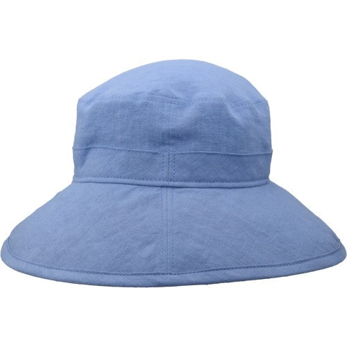 Patio Linen four inch wide brim hat-rated upf50+ excellent sun protection-made in canada by puffin gear-denim