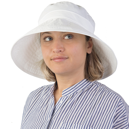 Solar nylon wide brim classic summer hat with built in UPF50 sun protection that won&#39;t wear off.   wide brim provides full coverage of face-made in canada by puffin gear-white