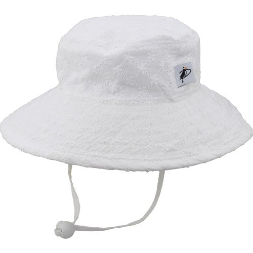 Kids Wide Brim Sunbaby Hat has a chin tie with cord lock and safety break away clip to keep hat safely in place. Tested and rated UPF50+ Excellent Sun Protection so your kid can play outdoors all day.  Made in Canada by Puffin Gear-Liberty of London Cotton Prints-White Eyelet Lace